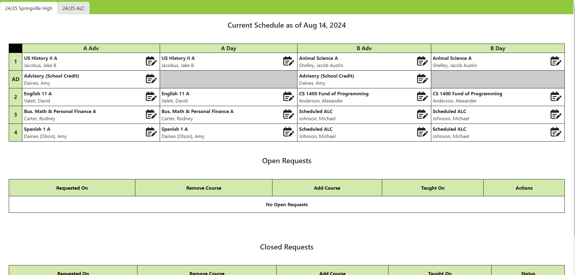 Student Schedule shown in app.