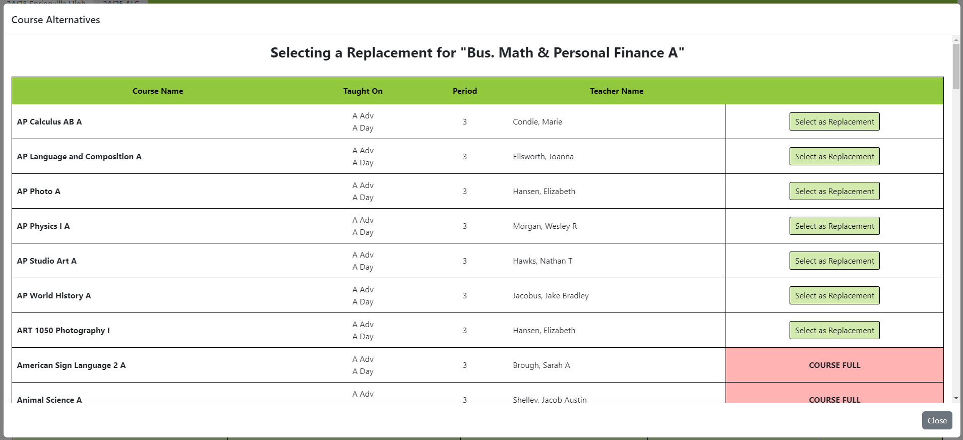 Course Replacement Alternatives list.