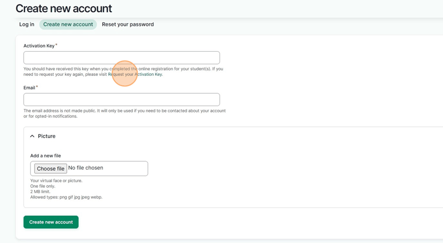Select the "Request your Activation Key" link on the account creation page.