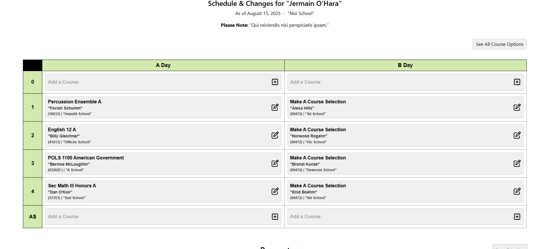 Student schedule view