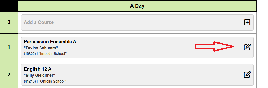Selecting the edit button to change a course.