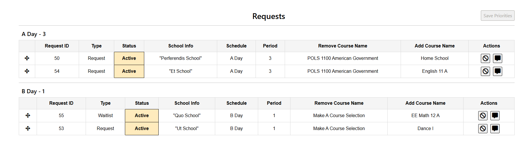 List of request that have been made. 